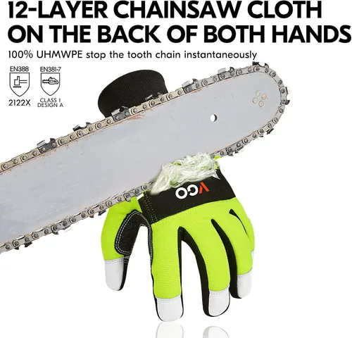 Miniatura 2 de Vgo... Guantes de motosierra, protección de motosierra de 12 capas en la parte posterior de ambas manos, guantes de trabajo de cuero, guantes