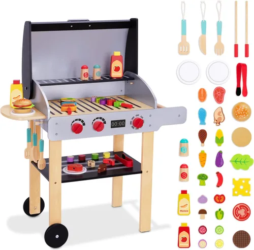 OOOK Parrilla de juguete de barbacoa de madera, juego de parrilla para niños con alimentos de juguete y herramientas de parrilla, accesorios de
