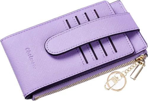 Miniatura 5 de Chelmon Billetera delgada con bloqueo RFID para mujer, con bolsillo con cremallera, Púrpura claro, Minimalista