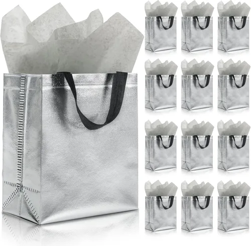 Miniatura 10 de KeerxunBag 12 piezas de bolsas de regalo reutilizables (incluye papel de seda) Bolsa de regalo con asa para cumpleaños, fiestas, días festivos