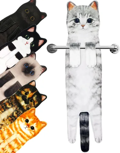 Miniatura 20 de PAT JUUMG - Toallas graciosas de mano con forma de gato para decoración de baño y cocina, toallas decorativas colgantes para la cara, súper