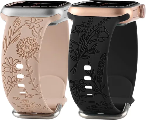 Correa de silicona grabada con flores compatible con correas de Apple Watch de 1.496 pulgadas, 1.575 pulgadas, 1.614 pulgadas, bonita correa Nogal