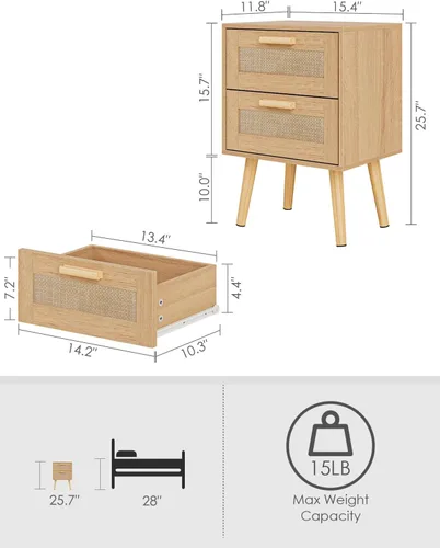 Miniatura 2 de Masupu Mesita de noche de ratán, moderna mesita de noche bohemia con 2 cajones, mesa auxiliar pequeña para dormitorio, sala de estar, oficina