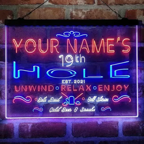 Miniatura 19 de Personalized 19th Hole Golf Club Tri-Color LED Neon Light Sign Customize Name Date Text Quote Font Green & Red & Yellow 13 x 8.7 Inches