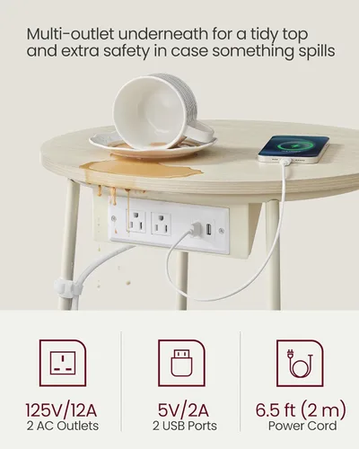 Miniatura 5 de VASAGLE Colección LILEA - Mesa auxiliar con estación de carga, mesa auxiliar redonda con cesta de tela, mesita de noche con puertos USB, para sala