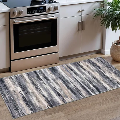 Miniatura 44 de Lansny Alfombra moderna abstracta de 2 x 5 pies, color negro, gris, blanco, lavable, alfombra de entrada para cocina, alfombra antideslizante suave