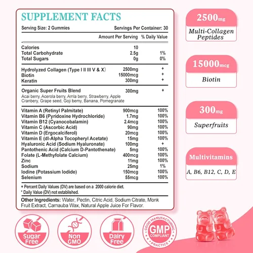 Miniatura 5 de Gomitas de colágeno sin azúcar para mujeres y hombres, gomitas de péptidos de colágeno múltiple tipo I II III V X con biotina, vitamina A B C D E