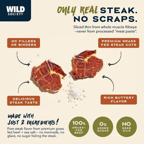 Miniatura 4 de WILD SOCIETY - Caveman Eats - Lonjas de Ribeye Alimentadas con Pasto - 95g de Proteína - Solo Ternera y Sal - 2 Ingredientes - Carne Seca de Res