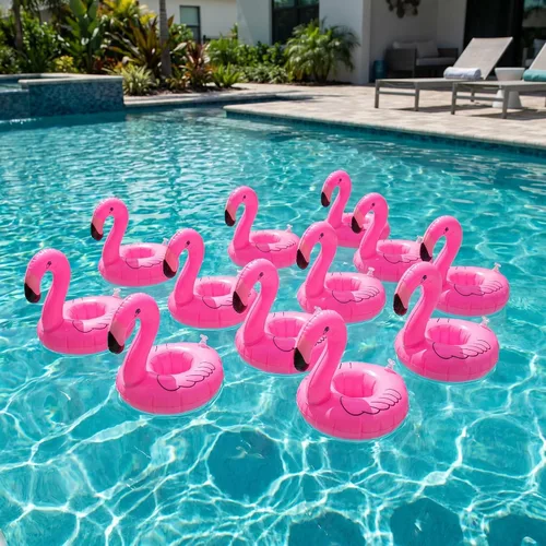 Miniatura 2 de Soporte inflable flotante para bebidas de flamenco, paquete de 12 posavasos flotantes para piscina, portavasos para latas de bebidas, tazas