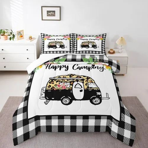 Miniatura 26 de Juego de edredón de camper tamaño matrimonial, edredón acolchado para adolescentes y niños, juego de ropa de cama rústica de granja para niños