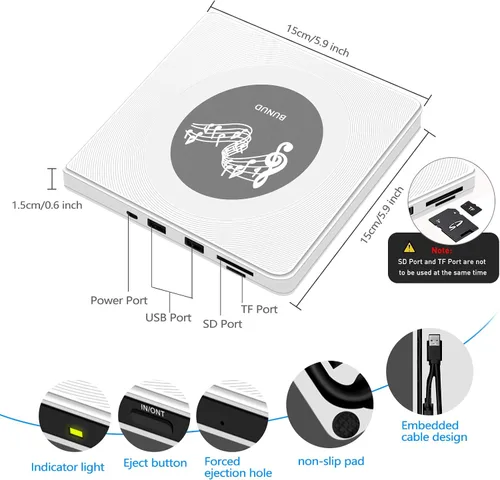 Miniatura 6 de BUNUD Unidad externa de CD y DVD: USB C y USB 3.0 Grabador de CD Reproductor de DVD para PC portátil Windows 11 Mac Linux - Escritor lector