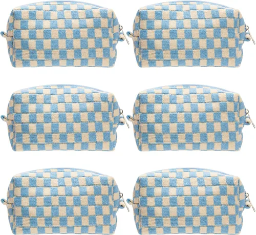 Miniatura 19 de PAZIMIIK Bolsa de Maquillaje a Cuadros para Bolso Portátil con Cremallera, Estuche Pequeño de Cosméticos para Accesorios de Viaje, Azul Ártico