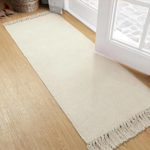 Miniatura 16 de Collive - Tapete de pasillo de cocina, 2 x 4.3 pies, tejido a mano, reversible, lavable, de algodón, color blanco/beige, para baño, pasillo