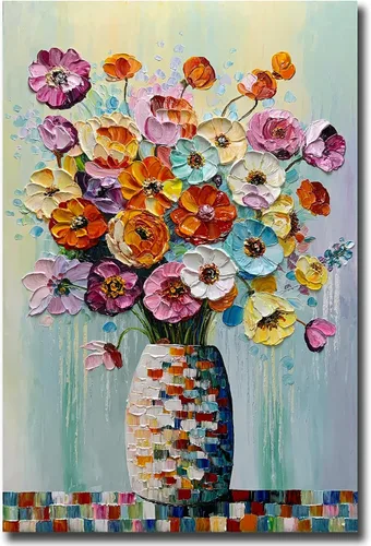 V-inspire Arte, pintura al óleo moderna pintada a mano de 30 x 45 pulgadas, ramo completo de flores, lienzo acrílico abstracto, decoración de pared