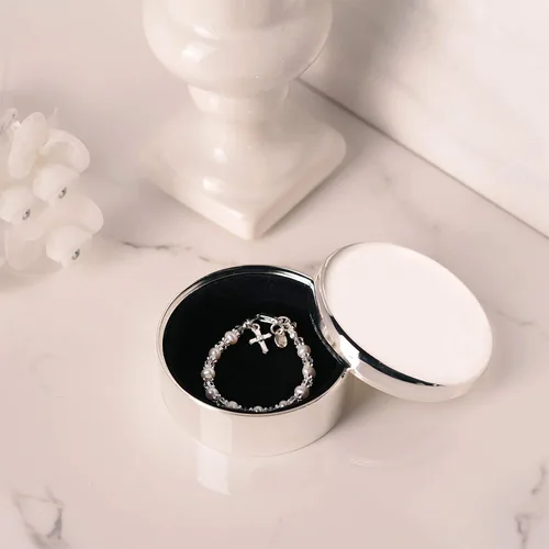 Miniatura 3 de Personalized Round Jewelry Keepsake Box with Custom Name and Engraved Cross with Message for Baby Christening Gift, Silver Toned