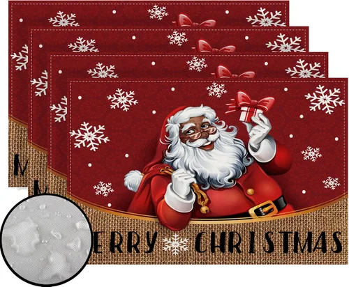 Juego de 4 manteles individuales de Navidad afroamericanos, manteles individuales negros de Santa, decoraciones y suministros de Navidad para mesa