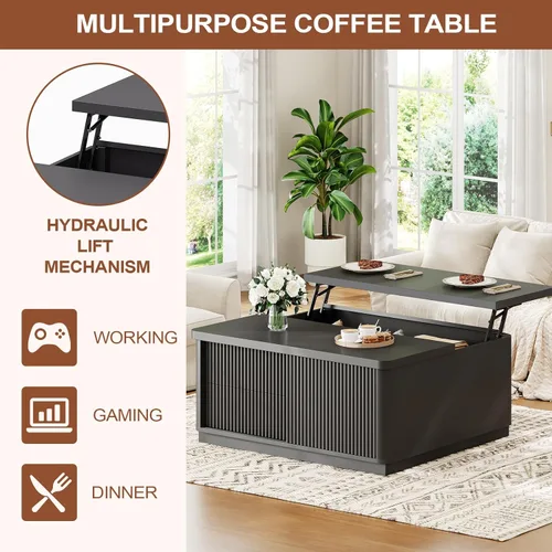 Miniatura 6 de Itaar 39.4'' Lift Top Coffee Table with Storage, Fluted Coffee Tables for Living Room, Square Coffee Table with Large Hidden Compartment & 2 Drawrs