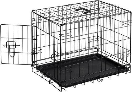 Miniatura 7 de Sweetcrispy Jaula para perros de 48 pulgadas, jaulas medianas y grandes de doble puerta plegable de alambre de metal con bandeja de plástico a