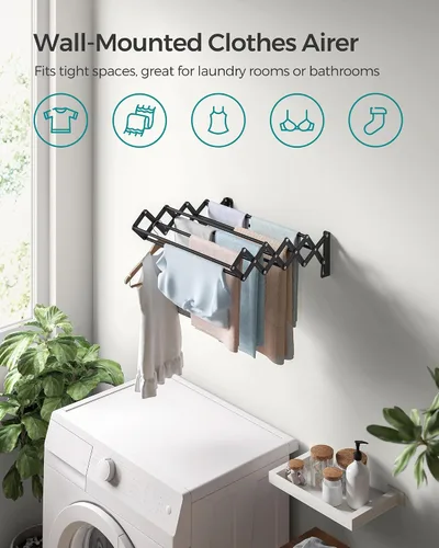 Miniatura 3 de SONGMICS Estante de secado de ropa, estante de secado de ropa montado en la pared, pequeño estante de lavandería acordeón, 9 varillas colgantes