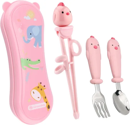 Miniatura 9 de Utensilios para niños pequeños, juego de cubiertos de acero inoxidable con palillos de entrenamiento para niños, cuchara y tenedor
