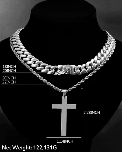 Miniatura 7 de 2 collares de cruz para hombres y mujeres, cadena de eslabones cubanos de plata dorada y negra para hombres, cadena de cuerda en capas, collar