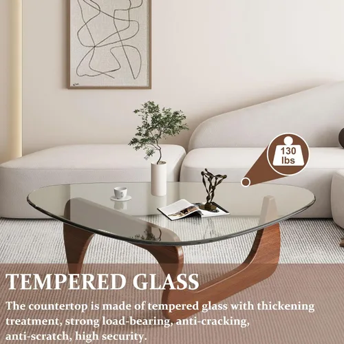 Miniatura 3 de Mesa auxiliar moderna Mid-Century con parte superior triangular de vidrio transparente y base de madera maciza, mesa auxiliar moderna para sala