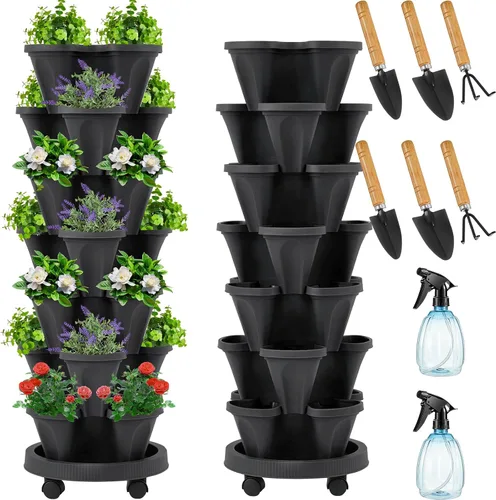 Miniatura 8 de Umigy Juego de 2 macetas verticales de 7 niveles, apilables, macetas de fresa, hierbas y verduras, macetas de jardinería para interiores