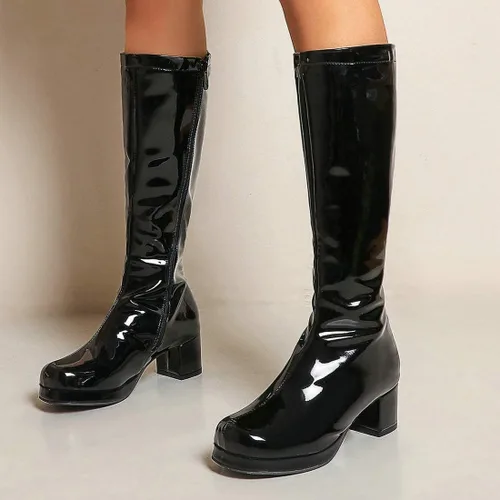 Miniatura 6 de MAVMAX Botas altas hasta la rodilla de charol para mujer, tacón grueso, plataforma, cremallera, punta redonda