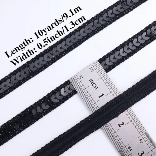 Miniatura 2 de Cinta de lentejuelas negras con purpurina plana para coser, 10 yardas Negro