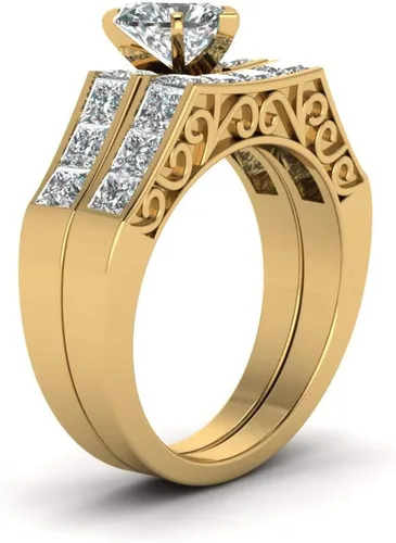 Miniatura 5 de WRS WEDDING RING SET Two Rings - Anillos para parejas para mujer, de oro amarillo de 10 quilates, con circonita cúbica blanca, conjuntos