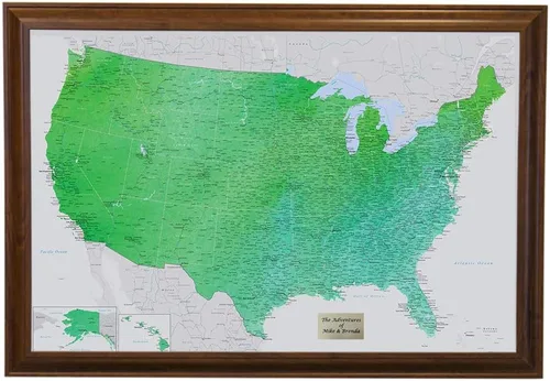 Push Pin Travel Maps Encantador verde esmeralda personalizado Estados Unidos con alfileres y marco marrón de 27.5 x 39.5 pulgadas - Mapa tus viajes