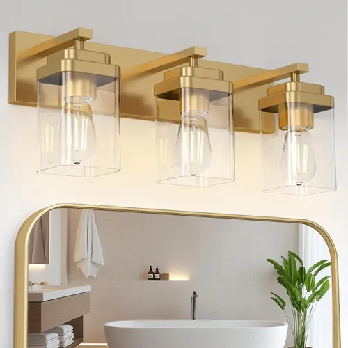 Miniatura 25 de Lámparas de baño de oro cepillado, 4 luces de baño sobre el espejo, diseño cuadrado y placa trasera grande rectangular, accesorios de iluminación