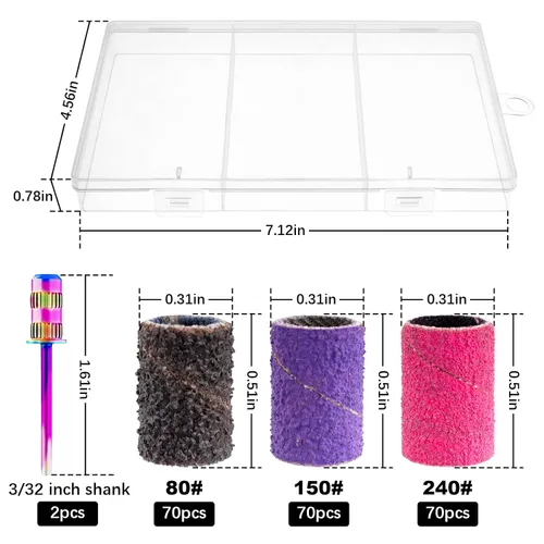 Miniatura 3 de Bandas de lijado para taladro de uñas, 210 unidades, bandas de lijado, brocas gruesas finas #80#150#240 con broca de mandril de 3/32 pulgadas