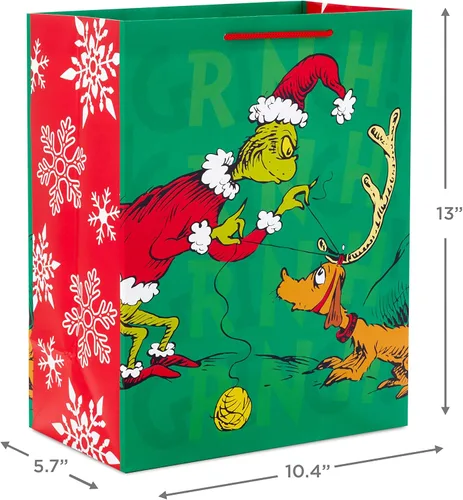 Miniatura 4 de Hallmark Bolsas de regalo de Navidad Grinch para niños (2 bolsas: 1 grande de 13 pulgadas, 1 extra grande de 15 pulgadas) Grinch con Max y trineo