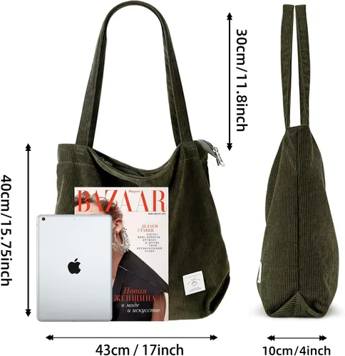 Miniatura 2 de KALIDI - Bolsa de pana para mujer, con cremallera, casual, de gran capacidad, con bolsillos