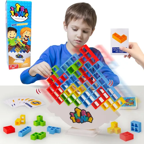 WOWNOVA Juego de 32 piezas de bloques de equilibrio de construcción apilables de torre Tetra para niños, adultos y noche de juegos familiares,