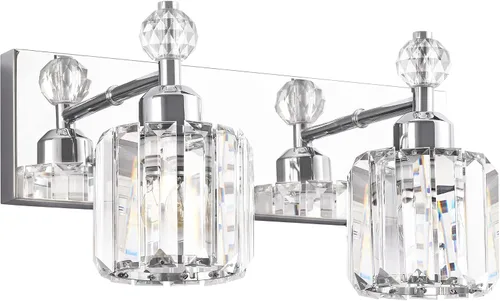 PRESDE Moderna lámpara de tocador de baño con 2 luces de cristal cromado para accesorios de iluminación de baño sobre espejo aplique de pared