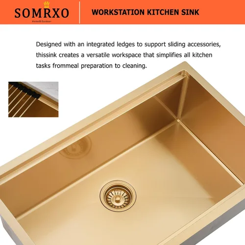 Miniatura 7 de Fregadero de cocina dorado de 32 x 19 pulgadas, acero inoxidable de calibre 16, fregadero de cocina dorado de 10 pulgadas de profundidad, incluye
