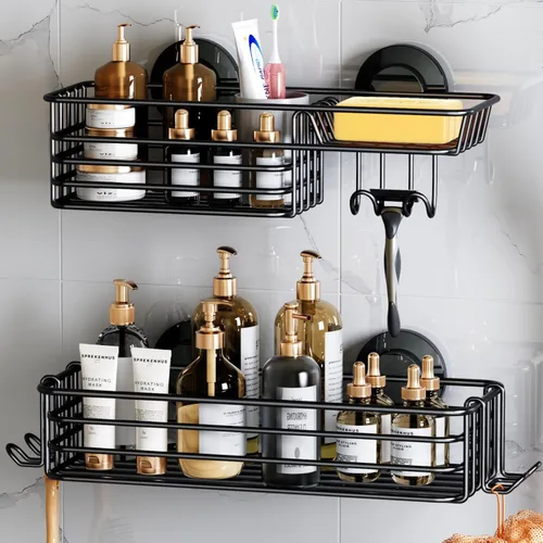Miniatura 12 de LEVERLOC Cesta de ducha con ventosa, cesta de ducha con ganchos y jabonera para baño, organizador de ducha para baño sin necesidad de taladrar