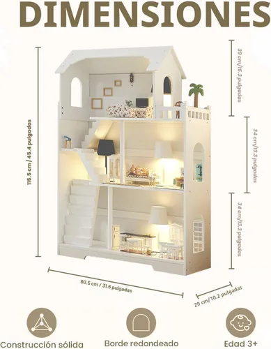 Miniatura 4 de Estantería de Casa de Muñecas de Madera - Estantería de Casa de Muñecas para Niños Pequeños, Espacio Extra para Almacenamiento de Juguetes y Libros