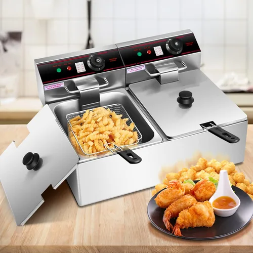 Miniatura 8 de Giantex Freidora comercial de 3400 W, tanque doble, freidora eléctrica de acero inoxidable de 12.8 cuartos de galón con 2 cestas, tapas y control