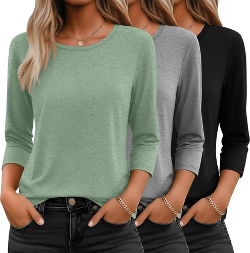 Miniatura 30 de Ficerd Paquete de 3 camisetas de manga 3/4 para mujer, cuello redondo, camisetas básicas elegantes, casuales, modernas, holgadas