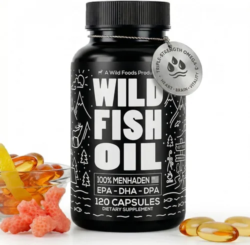 Wild Foods Suplemento de aceite de pescado Omega 3, 120 cápsulas (1 paquete) | Salvaje, Burpless, inodoro, sin OMG, sin gluten | DPA, DHA, EPA