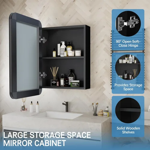 Miniatura 8 de Botiquín de baño de 24 x 16 pulgadas, color negro, botiquines de baño montados en la pared o armario con espejo empotrado, botiquines rectangulares