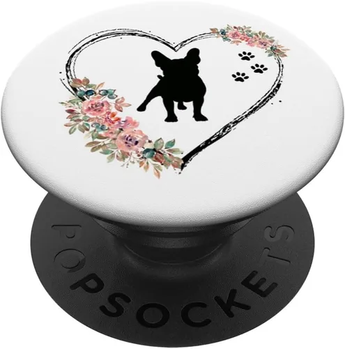 Bulldog francés con huellas y flores en popSockets blancos intercambiables PopGrip