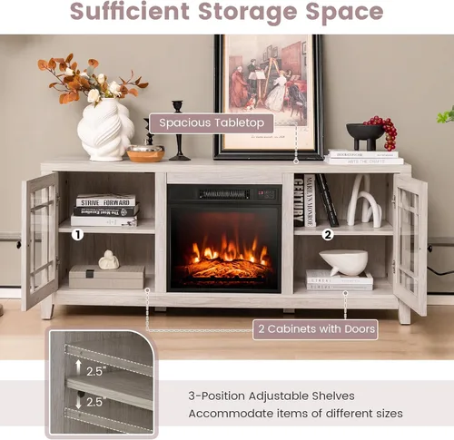 Miniatura 8 de Tangkula - Soporte para TV con chimenea para televisor de 65 pulgadas, consola de TV de 58 pulgadas con chimenea eléctrica de 1400W, estantes Natural