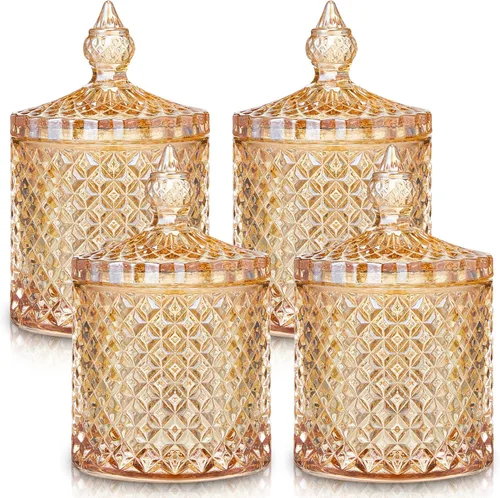 Aoriher Juego de 4 tarros de cristal para dulces con tapas, tarros de almacenamiento decorativos para el hogar, boticario, baño, cocina y despensa,