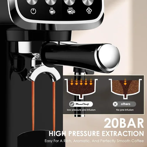 Miniatura 3 de PlumChef 20BAR - Máquina de café espresso vertical delgada con espumador de leche, calentador de tazas integrado, tanque desmontable de 43 onzas