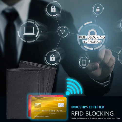 Miniatura 6 de Billeteras delgadas RFID para hombre - Cartera triple de cuero genuino con bolsillo frontal, Negro -, Cartera RFID