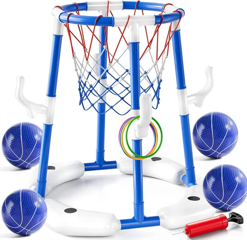 JUKUDAHU Aro de baloncesto para piscina, juguetes de piscina para niños de 4 a 8 años, juego de anillo flotante 2 en 1 con 4 bolas y bomba, juguete